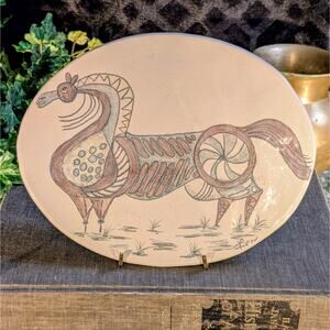 9" Ceramic Oval Horse Plaque: MCM Original Hand Drawn Folk Art Signed Lil 74